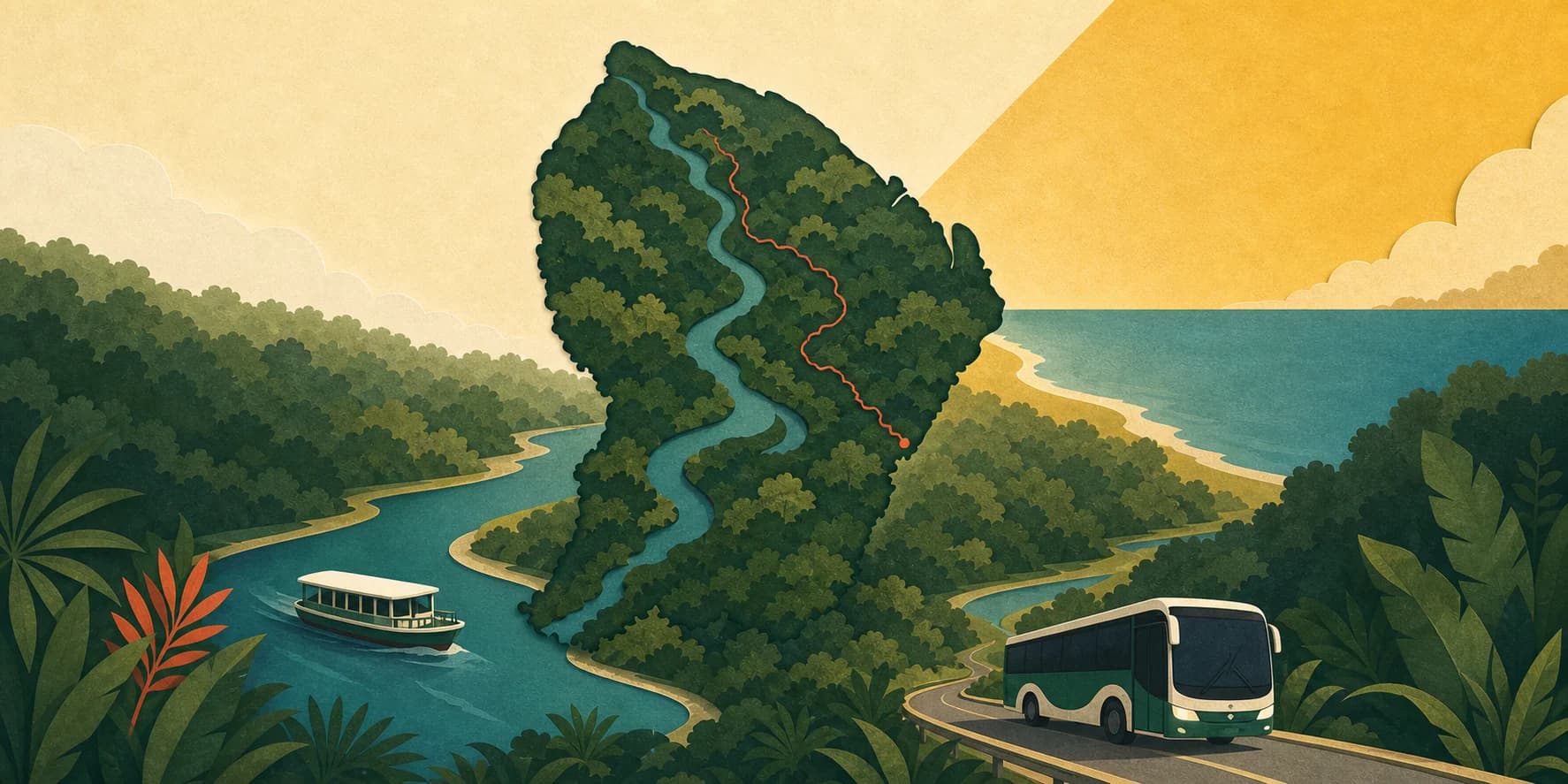 Illustration des transports en Guyane avec un bus et la carte du territoire